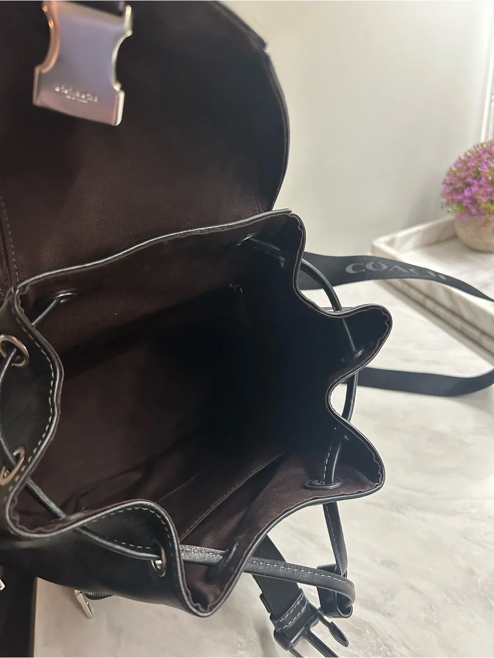 Coach Black Leather Logo Drawstring Backpack - Picture 11 of 12